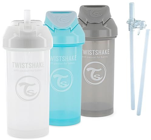 Twistshake Baby Training Sippy Cups Set - 4 Piece | 3 x Sippy Cups with Straw - 2 x Straws - 1 x Straw Cup Leak Proof Seal | Leakproof Baby Water Bottles | Baby Drinking Cup | 6+ Months | Grey Blue