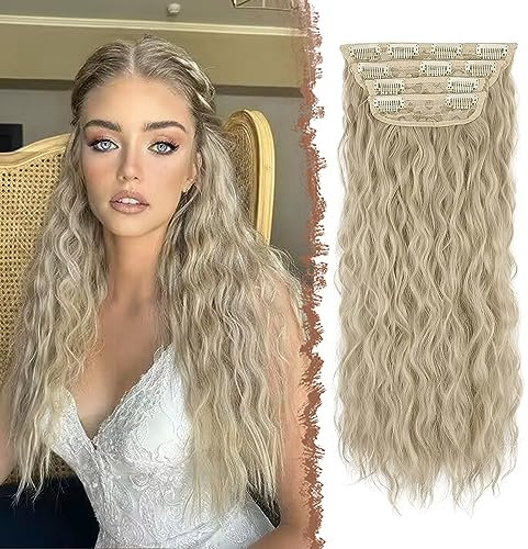 FESHFEN Clip in Extensions Wellen Haarverlängerung, 4 PCS Gewellt Aschblond Clip Haar Extensions Synthetik Locken Lang Extensions mit Clips Haarteile für Damen, 50 cm