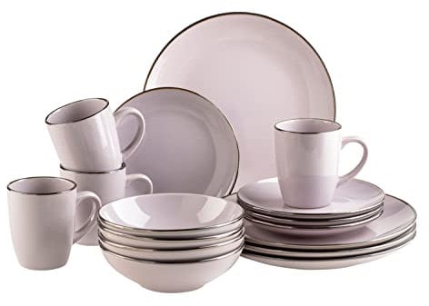 MÄSER Metallic Rim, Modernes Geschirr Set für 4 Personen mit messingfarbenem Rand, 16-teiliges Kombiservice mit randlosen Coupe-Formen, Steinzeug, Lavendel