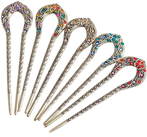 Lurrose 5Pcs Vintage Hair Stick U-Förmiges Strass-Haar-Essstäbchen Antike Haarspange Hanfu-Haarnadeln Retro-Kopf-Accessoire Für Haarstyling-Werkzeug