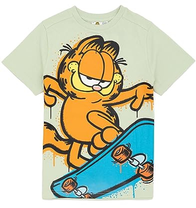 Garfield Kids T-Shirt | Boys Girls Character Skateboard Short Sleeve Pastel Green Top | Tabby Cat Movie Merchandise