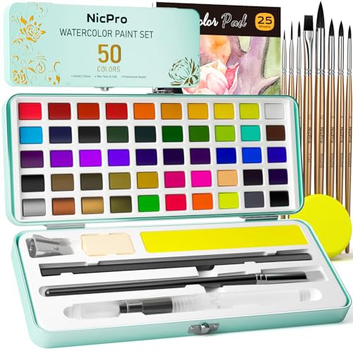 Nicpro Kit de Peinture Aquarelle avec Boîte, 50 Couleurs Comprenant des Métalliques et Fluorescentes, 8 Pinceaux, 25 Papiers et Palettes, Kit Aquarelle pour Adultes, étudiants, Débutants et Artistes