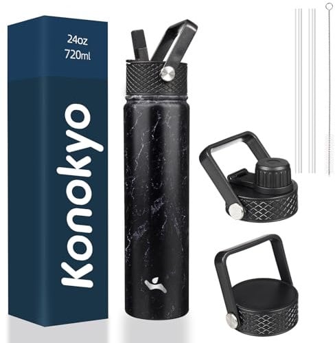 Konokyo Insulated Water Bottle with Straw,24oz 3 Lids Metal Bottles Stainless Steel Water Flask,Marble Midnight