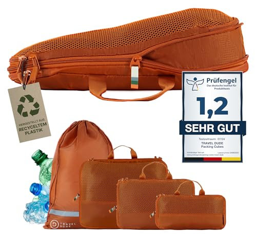 TRAVEL DUDE Organisateur Valise Compressible – Sac de Compression Voyage, Packing Cubes et Pochette Rangement Valise – Idéal pour Rangement Valise et Organisation de Voyage (4 pièces, Orange)