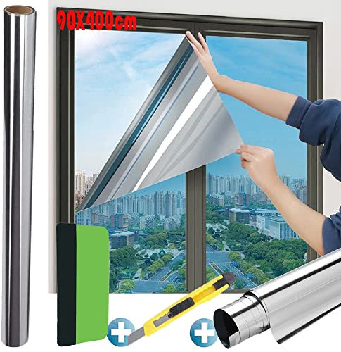 Sonnenschutzfolie Fenster Innen | UV-Schutz Sonnenschutzfolie Fenster Innen Außen | Spiegelfolie Selbstklebend | Silber reflektierende Fensterfolie | Rückstandslose Sonnenschutz Folie (90 x 400 cm)