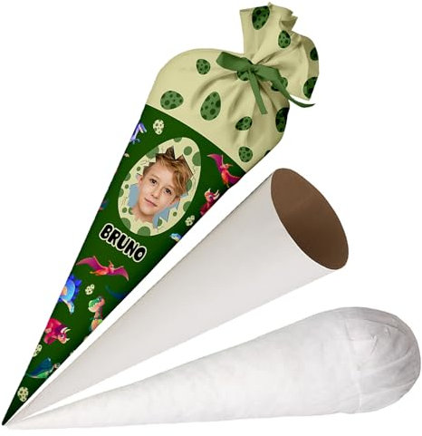Ferocity Schultüte Dino Ei mit Namen und Foto für Jungen, Personalisierte Foto Tüte, aus Stoff, 70 cm Zuckertüte mit Papprohling und Füllung, große Tüte als Kissen [149]