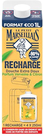 Le Petit Marseillais - Recharge Gel Douche Extra Doux Verveine & Citron (brique de 1 L) – Recharge gel douche avec 92 % d'ingrédients d'origine naturelle – pH neutre pour la peau et sans colorant