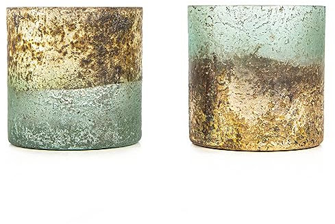 Logbuch-Verlag 2 Teelichtgläser Deko Windlicht aus Glas grün Gold Vintage Kerzenhalter Tischdeko festlich 8 x 8 x 8 cm