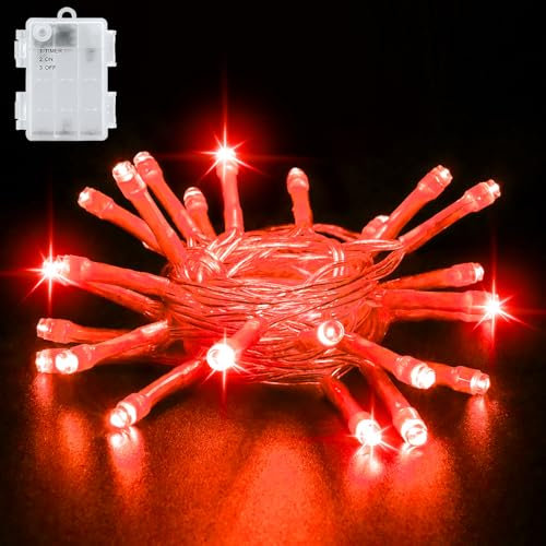 Gcstnn Battery Fairy Lights, 3M 30 LED Fairy Lights Battery Operated with Timer, IP65 Waterproof String Lights for Jar Garden Camping Christmas Indoor Outdoor Decorations, Red