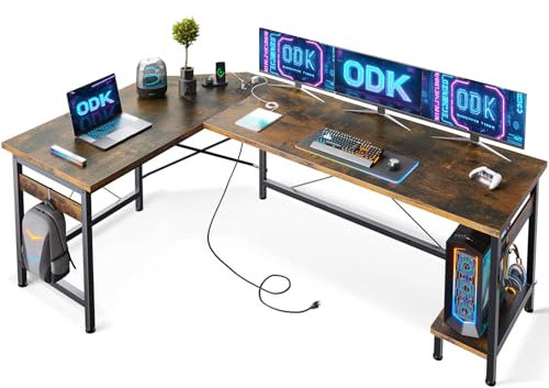 ODK Gaming Tisch mit Steckdosen und USB-Ladeanschluss, Gaming Schreibtisch mit CPU-Ständer, Eckschreibtisch L Form für das Heimbüro, Vintage-Braun, 168×120cm