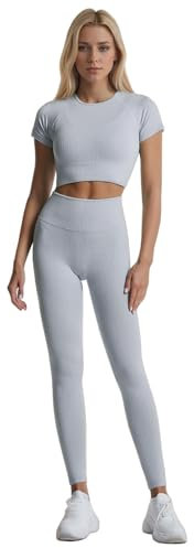 dohomiryo Damen Sportanzug Jogginganzug Sport Sets 2 Teilig Workout Outfit Set Sport Crop Top+Hohe Taille Yoga Leggings Fitness Bekleidungsset Grau S