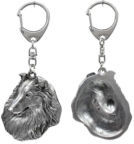 Art-Dog Niedlicher Hundeschlüsselanhänger - Exklusive Kollektion Rough Collie - Langhaar Schlüsselanhänger Hund - Versilberte Keyring mit 2,5 cm Schloss - 5,8x4,3x11,4cm