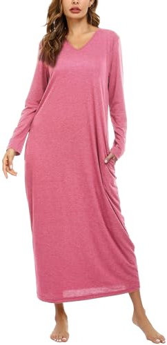 Sykooria Chemise de Nuit Femme Longue Hiver Robe de Nuit Coton Manche Longue avec Poche Peignoir de Bain Taille Grande A-Rose Foncé XL