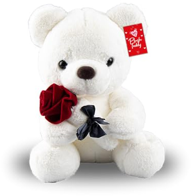 Happium Valentine's Plush Teddy with Rose 27cm Teddy Bear Rose, Cute Valentine's Day Plush Teddy Bear Doll Toys, Bear Decor Valentine's Day (White)