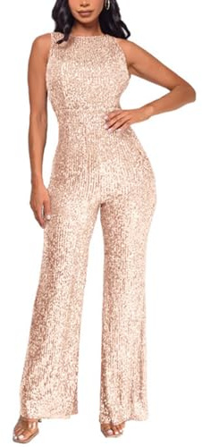 shownicer Damen Pailletten Jumpsuit Elegant Ärmellos Rundhal Hohe Taille Cocktail Party Festlich Overalls Hosenanzug Playsuit Casual Einfarbi Lang Romper