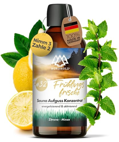 NORDHOLZ® Saunaaufguss 100ml [60 Sorten] Sauna Aufgussmittel Konzentrat | Sauna Duft · #32 Frühlingsfrische · Zitrone & Pfefferminze · frisch & minzig · Mit ätherischen Ölen · Made in Bayern
