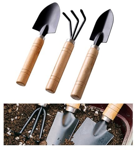 Lot de 3 mini outils de jardin - 3 outils de jardin pour plantes grasses - Poignée en bois - Mini truelle portative - Râteau - Outils pour bonsaï - Pour ameublissement du sol intérieur et extérieur