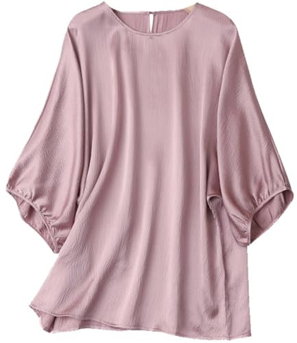Generisch Damen O-Ausschnitt Lose Seidenblusen Satin Rundhals Fledermausärmel Shirt, Flieder, Einheitsgröße
