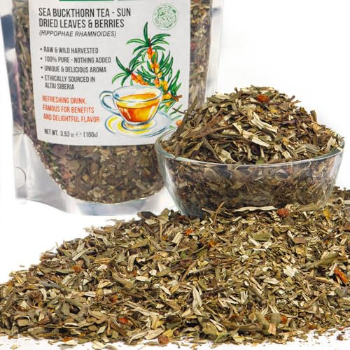 Té de espino cerval de mar verde siberiano, 100 g, con hojas de grosella negra secas al sol, Hippophae, montañas de Altai cosechadas salvajemente