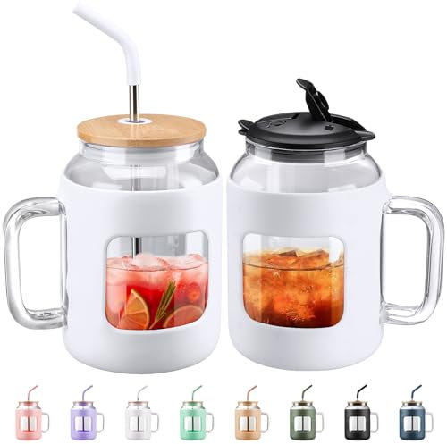 BLUEGO 1500ml Gobelet en Verre avec Poignée et Paille Réutilisable Gourde avec 2 Couvercles Tasse à Café avec Manchon en Silicone Sans BPA 1,5L Bouteille d'eau Anti-fuite, Blanc