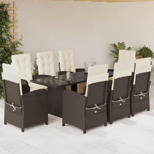 SECOLI Polyrattan Sitzgruppe Garten Essgruppe 8 Personen Rattan Gartenmöbel Set mit 8 Rattansessel Hochlehner Verstellbar Essgruppe Outdoor Gartengarnitur Sitzgarnitur Braun 9-tlg-Type-202
