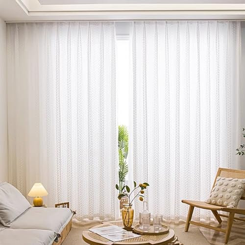 Daesar Gardinen Lichtdurchlässig mit Haken 132x274CM, Vorhänge 2er Set Weiß Jacquard mit Blätter Muster Vorhänge Halbtransparent Schlafzimmer Wohnzimmer Küche