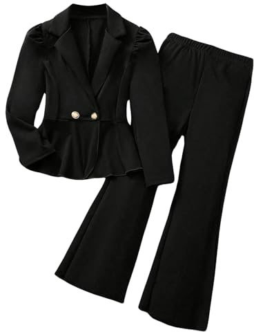 Milumia Girl's 2 Piece Outfits Ruffle Long Sleeve Button Blazer and Pants Black 11 Years