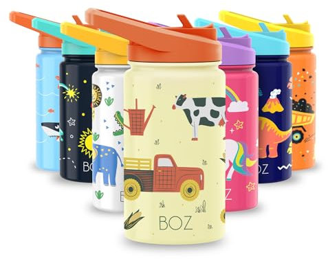 BOZ Kids Insulated Water Bottle with Straw Lid, Stainless Steel Vacuum Double Wall Water Cup, 14 oz (414ml). Scratch-Resistant Cute Print and Carry Handle, BPA-Free and Dishwasher-Safe (Farm)