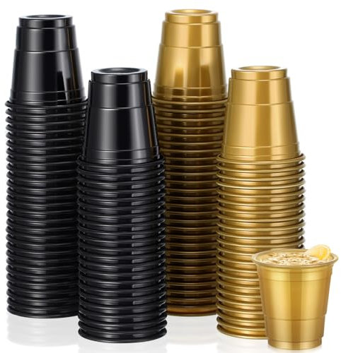 Roshtia 100 Pcs 2 oz Plastic Shot Glasses Mini Disposable Shot Cups Small Plastic Neon Cups for Birthday Party Summer Beer Taste Serving Snacks Samples Tastings(Black, Gold)