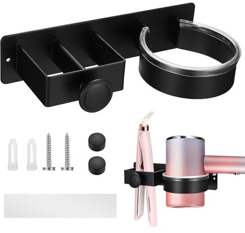 Soporte para Secador de Pelo sin Taladro, Portasecador y Plancha para el Cabello, Soporte Adhesivo para Pared, Aluminio Negro para Baño, Soporte para Secador y Alisador de Pelo en Hoteles y Hogar