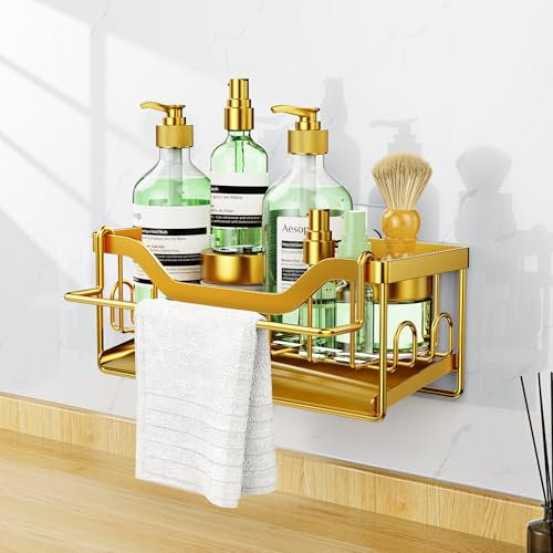 MainPi Sink Caddy Sponge Holder Organiser with Dishcloth Rack,Rustproof Kitchen Sink Tidy Countertop Storage,Sink Tidy Caddy for Kitchen(Gold)
