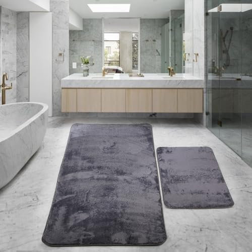 Bonny Home rutschfeste Badematte Anthrazit Badteppich 2er Set (60x100 cm) + (50x60 cm) Relax Plüsch | Weiche Bad- und Duschvorleger Maschinenwaschbar, Schnell Trocknend Badvorleger