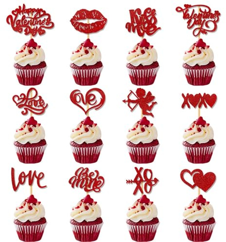 Cupcake-Aufsätze mit Aufschrift Happy Valentine's Day, glitzernde Herzen, Lippe, Kiss Me Be Mine, Cupcake-Picks für Valentinstag, Thema, Hochzeit, Party, Kuchendekorationen, Zubehör, 12/24 Stück