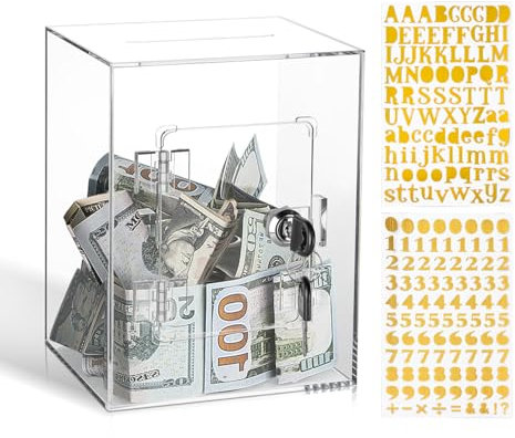 Clear Money Box with Key Acrylic Saving Box for Kids Adults, See Through Money Box with Lock and Stickers, 7.87”× 5.91”× 4.72”