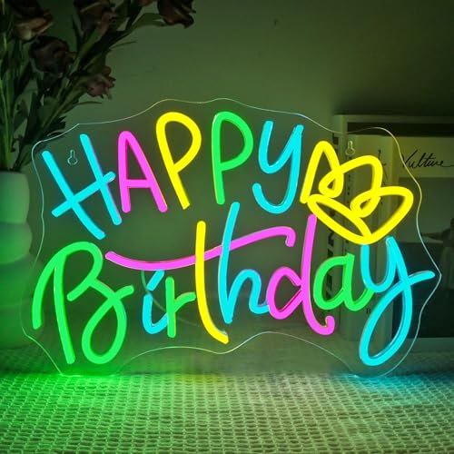 SIGNSHIP Happy Birthday Crown Neon Sign, Letrero LED de Cumpleaños Regulable para Decoración de Paredes,Luces Neon de Letras LED para Decoración de Paredes, Decoración de Fiestas de Cumpleaños