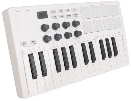 25 Key USB MIDI Keyboard Controller With 8 Backlit Drum Pads, 2,000 MAh Wireless MIDI Keyboard With 8 Knobs, Music Production Software