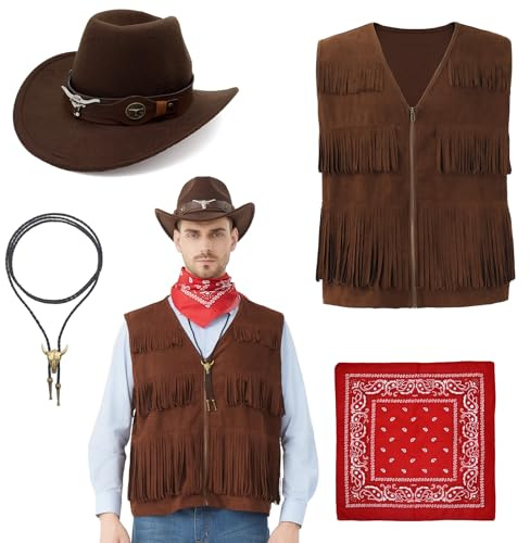 Hislovy Cowboy Kostüm Herren, Western Cowboy Outfit mit Hut Bandana Halskette für Wild West Hippie Party,Braun,L