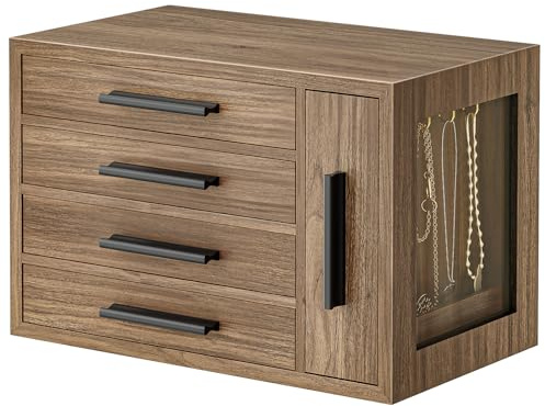 HOOBRO Schmuckkästchen, Schmuckbox aus Holzwerkstoff mit Glasfenster, 4-stufige Schmuckaufbewahrung, Schmuckkoffer für Ohrringe, Halsketten, Ringe, Helles Walnuss und Schwarz EBSD09JB04