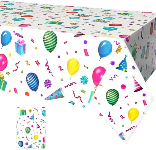 Kisstta 137 X 274cm Party Tischdecke, Wiederverwendbar Tischdecken Geburtstag, wasserdichte Plastik Tischdecke, Bunt Ballon Luftballons Geburtstag Tischdecken für Party und Tischdekoration