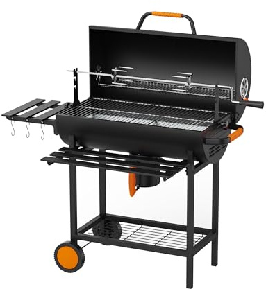 KEYO 29 Charcoal BBQ Grill with Stainless Steel Roasting Spit - 537 Sq In | Heavy-duty Barrel Barbecue Grill with Central Charcoal Tray & Removable Ashed Pan, Camping Smoker for Garden, Shed, Patio