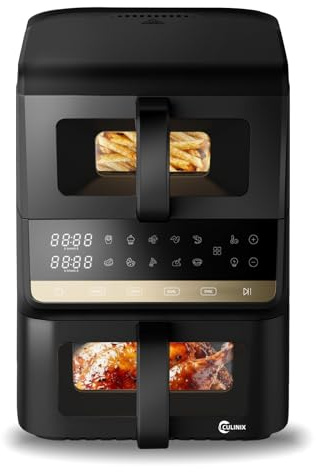 CULINIX Air Fryer Vertical 10L,10-in-1 Friteuse Sans Huile Airfryer à 2 Double Compartiment Tiroir,Fonction Synchronisation SYNC et DUAL, Design Compact, Économie 80% d'Huile, Noir