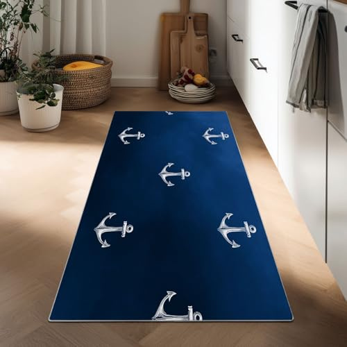 Generisch Langer rutschfest Teppich 60 x 150 cm Flur Läufer, Nautisches Thema Flurteppich Lang - Marineblau Maritim Anker Küchenteppich Waschbar, Teppichläufer für Flur Wohnzimmer Küche