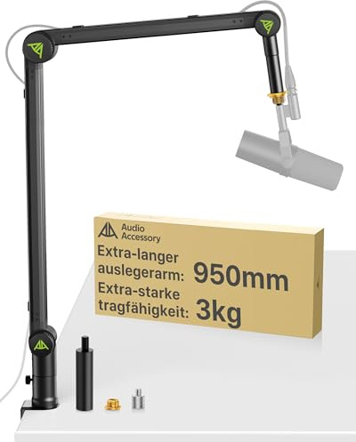 AA AUDIO ACCESSORY Passend für Shure SM7B, SM7dB & MV7 – Mikrofon-Arm ohne Durchhängen, 950 mm Reichweite, 3 kg Tragkraft, Zahnrad-Verriegelung Tischhalterung, kompatibel mit Blue Yeti, Rode & Co.