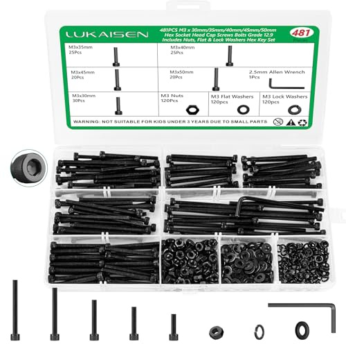LuKaiSen 481 Stk M3 Lange Schrauben Set, 12.9 Stahl RC 3D-Druck Computerkit | Schwarz metrisch Innensechskant-Zylinderkopfschrauben-Set m. Muttern/Unterlegscheiben, Organisierter Aufbewahrungskoffer