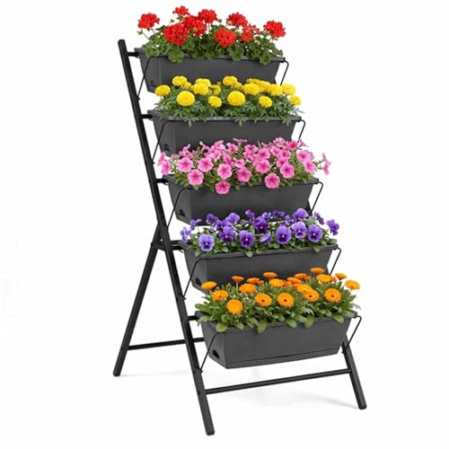 HOMASIS Jardinière Verticale Surélevée, Jardinière sur Pied à 5 Niveaux avec Bacs à Fleurs, Trous de Drainage, Cadre Métallique Solide, Structure Verticale d’Échelle, Potager pour Jardin (Noir)