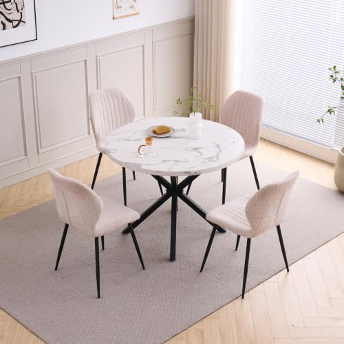 JZGORC Esstisch und Stuhlset, 100 * 100 * 76.5 cm Runder Esstisch und 4 Moderne Teddy-Fleece Stühle,Metallbeine, für Esszimmer, Küche, Wohnzimmer,Weißer Marmor-BK + Beige