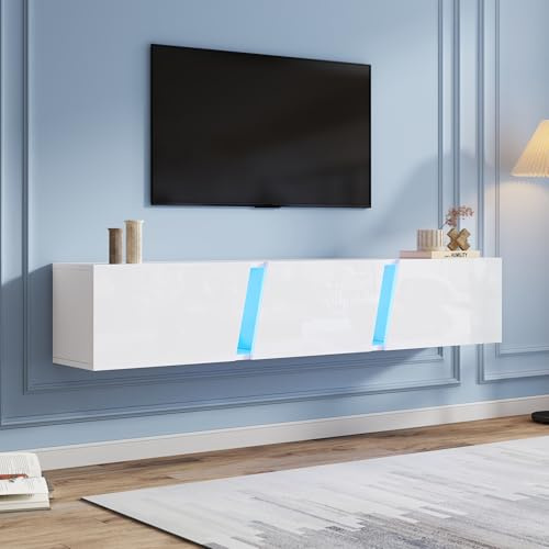 Jermyeo Meuble Télévision Mural Flottant 180x35x30 cm – Blanc Haute Brillance, LED Connectée, 3 Portes à Fermeture Douce, pour Écrans 75 Pouces