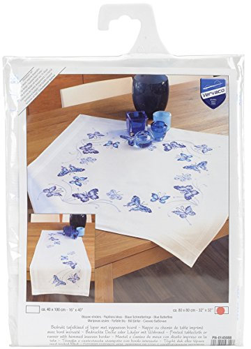 VERVACO Blaue Schmetterlinge Stickdecken Basteln Erwachsene Kreativ Decke 80 x 80 cm Stickset DIY Sticken Set Stickpackung/Tischdecke im vorgedruckten/vorgezeichneten Kreuzstich, Baumwolle, Multicolor