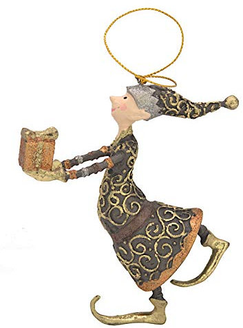 Weihnachtsmann, Gabenträger mit Geschenk, Deko Weihnachten Anhänger, Christbaumschmuck, braun, Gold, 13 cm