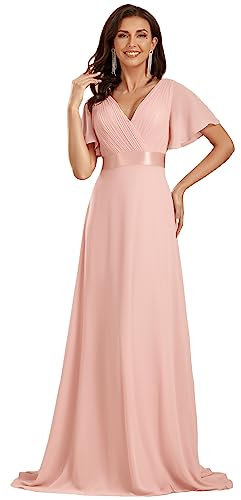 Ever-Pretty Abito da Damigella Donna Stile Impero Linea ad A Scollo a V Maniche Corte Lungo Rosa 48